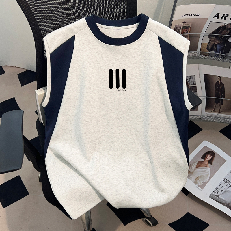 American-Style T-Shirt, Pure Cotton, Cool for Summer, Trendy Brand Tank Top for Men and Women, Couple Outfit, White and Gray with Navy Blue, Sleeveless Fashion Top