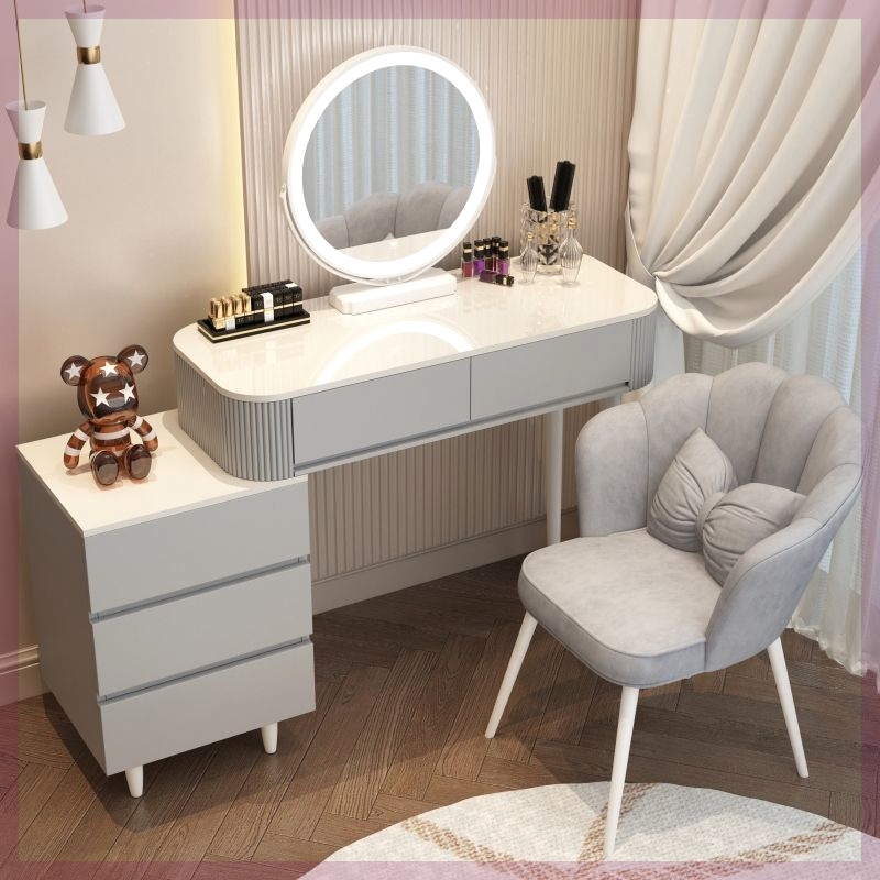 Simple White Dressing Table for Bedroom, Modern Minimalist Light Luxury Cream Wabi-Sabi Style Makeup Table with Storage Cabinet for Small Apartments Simple White Dressing Table for Bedroom, Modern Minimalist Light Luxury Cream Wabi-Sabi Style Makeup Table with Storage Cabinet for Small Apartments