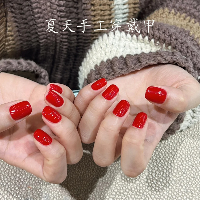 Finished Short Solid Color Chinese Red Press-On Nails 2025 New Year Style Handmade Nail Patches Sweet Cool Simple