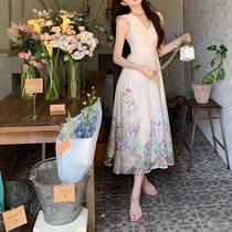 24 ss tea fragrance light Chinese style lapel bow floral dress long skirt short skirt summer girl trend
