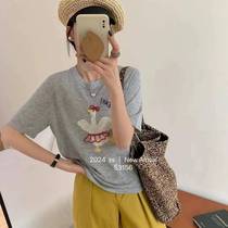 Xia Shang New Round Neck Korean Version Cute Cartoon Little Swan Heavy Industry Beading Thin Bamboo Linen Knitted Short-Sleeved Womens T-Shirt