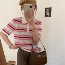 Summer new style bamboo linen thin Korean style lapel stripe love embroidery high-end versatile knitted short-sleeved womens T-shirt