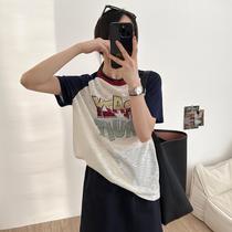 Summer round neck Korean style letter raglan sleeves casual and versatile 16-needle ultra-fine bamboo linen knitted short-sleeved womens T-shirt