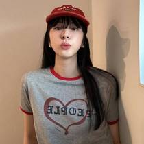 SE24 spring and summer new Hong Kong style short-sleeved T-shirt retro love print contrast cotton T womens color block top Korea