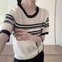 Summer 100% Lyocell Tencel round neck contrasting stripes two rows of beads fashion versatile knitted short-sleeved womens T-shirt