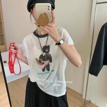 Summer new Korean style round neck cartoon bear breathable light loose and versatile bamboo linen knitted short-sleeved womens T-shirt