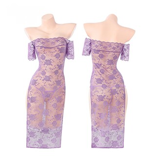 One-shoulder lace purple rhyme see-through long dress