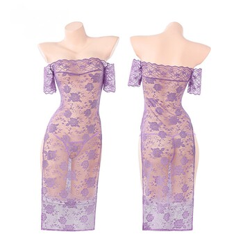One-shoulder lace purple rhyme see-through long dress