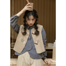 New high-end 2024 spring new Japanese-style washed cotton horn buckle stacked short work vest vest