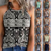 Cross-border European and American fashion new bohemian printed ethnic style vest splicing retro pullover slim top for women