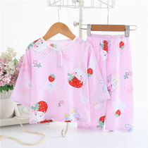 Childrens cotton silk pajamas summer thin long-sleeved cotton silk baby boys and girls home clothes air-conditioned clothes drop shipping