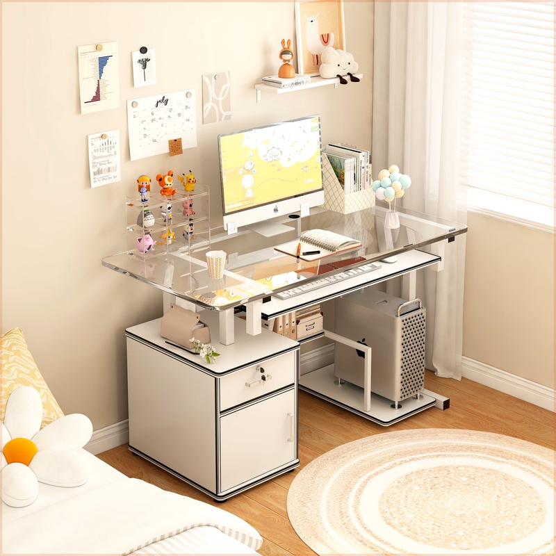 Desktop Computer Desk with Transparent Thickened Tempered Glass, Home Study Writing Desk with Drawer Storage