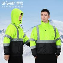 Reflective safety cotton coat color matching traffic highway thickened rainproof winter cold-proof cotton coat overalls mens jacket