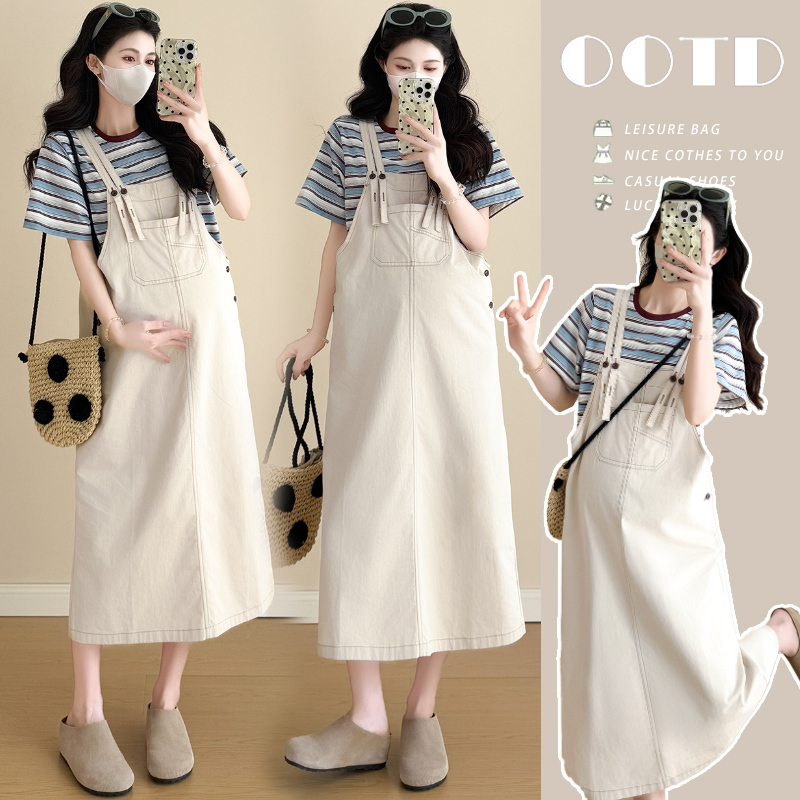 Maternity Wear 2026 New Style Suspender Dress Short-Sleeve Top Two-Piece Skirt Set High-End Pregnancy Outfit Set