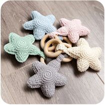 Wooden Teether 1pc Baby Rattle Crochet Knitted Star Baby Pla