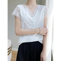 Can be salty or sweet ice silk short-sleeved womens summer 2024 new V-neck bottoming sweater with lace inner half-sleeves