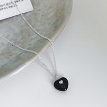 S925 sterling silver Korean version black agate retro love pendant necklace ins blogger recommends Dongdaemun clavicle chain