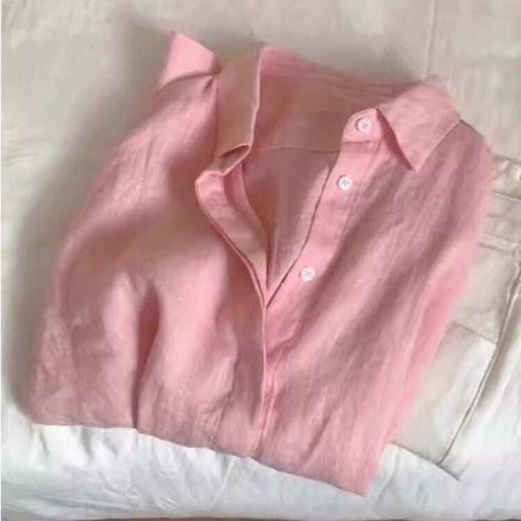Tencel Cotton and Linen Pink Shirt Jacket for Women, Summer Lazy Style, Polo Collar, Linen Sun Protection Shirt, Thin Loose Top