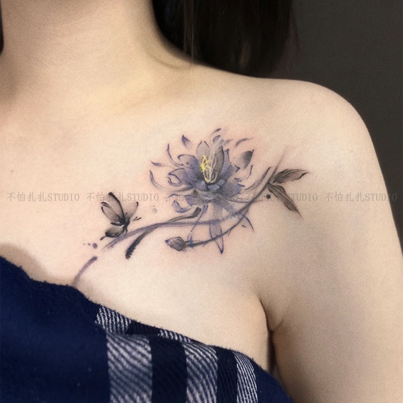 New Chinese Style Ink Butterfly and Flower Tattoo Stickers, Long-Lasting, Waterproof, Pure and Desirable, Suitable for Girls, Can Be Placed on the Collarbone or Chest, Washable Stickers New Chinese Style Ink Butterfly and Flower Tattoo Stickers, Long-Lasting, Waterproof, Pure and Desirable, Suitable for Girls, Can Be Placed on the Collarbone or Chest, Washable Stickers