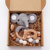 1set Baby Rattle Wooden Crochet Elephant Bells Music Teethin