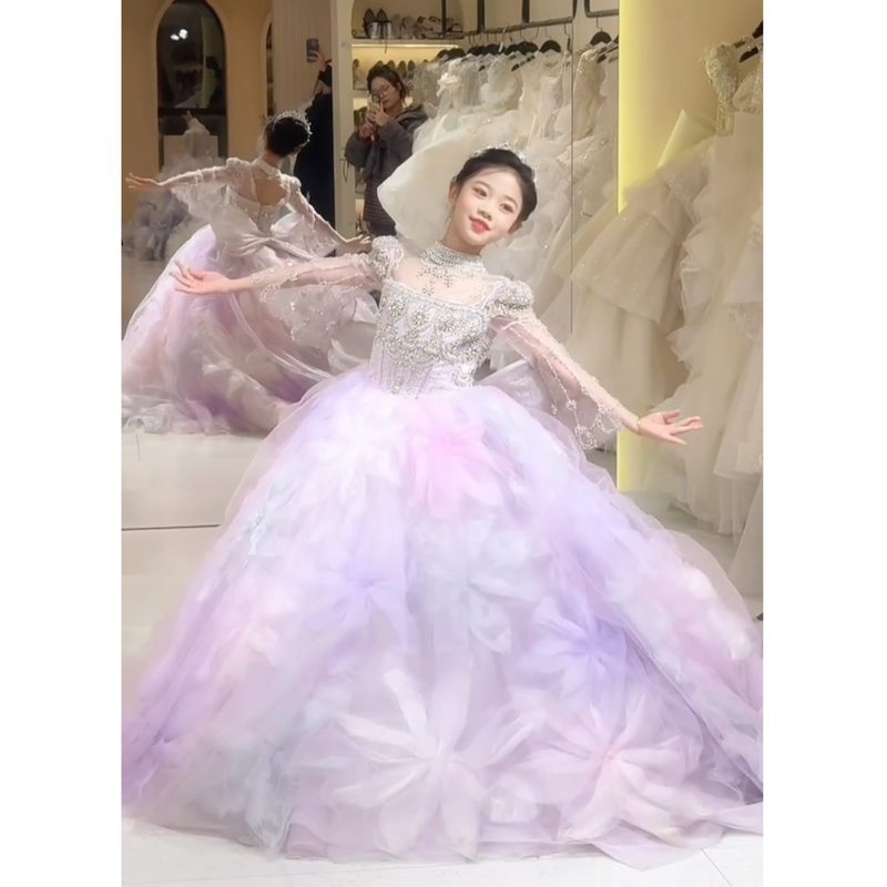 French-Style High-End Dreamy Purple Gradient Trailing Gown, Children's Princess Puffy Dress for Birthday Show and Performance French-Style High-End Dreamy Purple Gradient Trailing Gown, Children's Princess Puffy Dress for Birthday Show and Performance