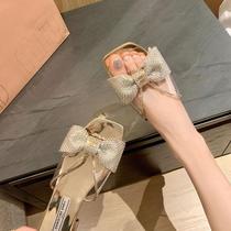 Su Tong style fairy~European and American square toe transparent rhinestone bow flat slippers for women
