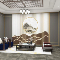 New Chinese style wallpaper health center club tea room private room background wall mural wooden grille landscape style wall covering wallpaper