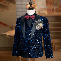 Boys sequined suit flower girl host dress piano performance childrens catwalk model blue suit