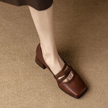 French Retro Soft Leather Mary Jane Ballet Shoes Womens Brown 2023 Early Spring Genuine Leather Medium Heel Square Toe Shoes
