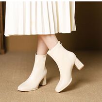 French temperament square toe thick heel small short boots for women spring and autumn high heels womens slim boots milk tea color Martin boots and ankle boots