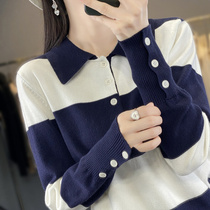 Factory sells 2024 new style striped lapel slimming fashion hidden flesh slimming sweater t-shirt thin polo collar wool