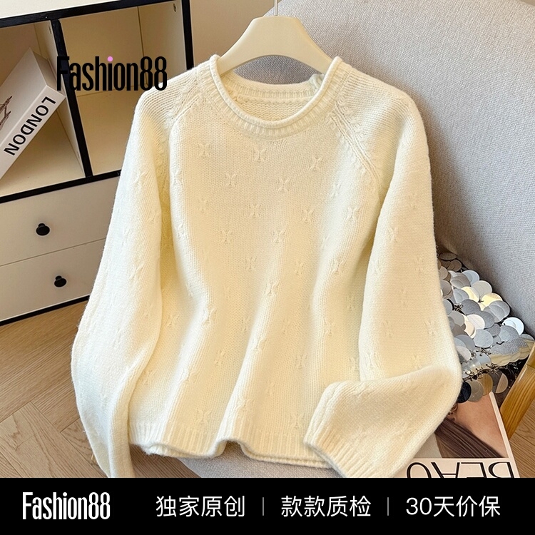 2026 Autumn/Winter Lazy Rolled Edge Round Neck Pullover Loose Retro Knitted Sweater for Women with 3D Floral Design 2026 Autumn/Winter Lazy Rolled Edge Round Neck Pullover Loose Retro Knitted Sweater for Women with 3D Floral Design