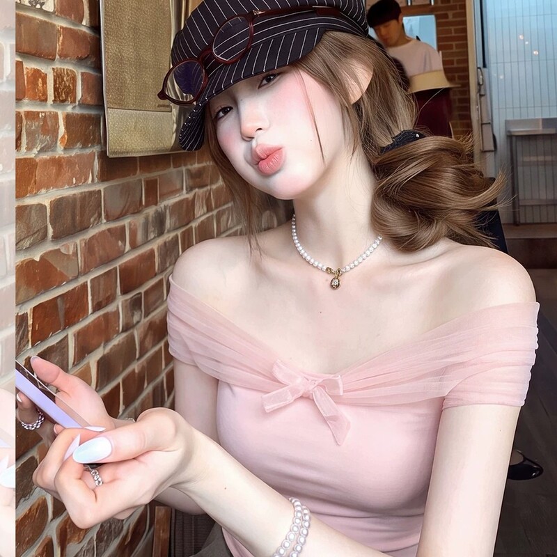 Pink One-Shoulder Mesh Patchwork Short-Sleeve T-Shirt for Women, Unique and Beautiful Short Slim-Fit Summer Top Pink One-Shoulder Mesh Patchwork Short-Sleeve T-Shirt for Women, Unique and Beautiful Short Slim-Fit Summer Top