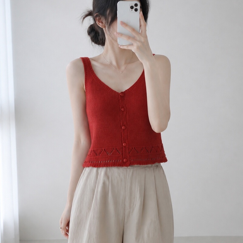 Knitted Vest for Women 2026 Summer Short Red Sleeveless Hollow-Out Woven Slim Sweet Japanese Style Outerwear Top Knitted Vest for Women 2026 Summer Short Red Sleeveless Hollow-Out Woven Slim Sweet Japanese Style Outerwear Top