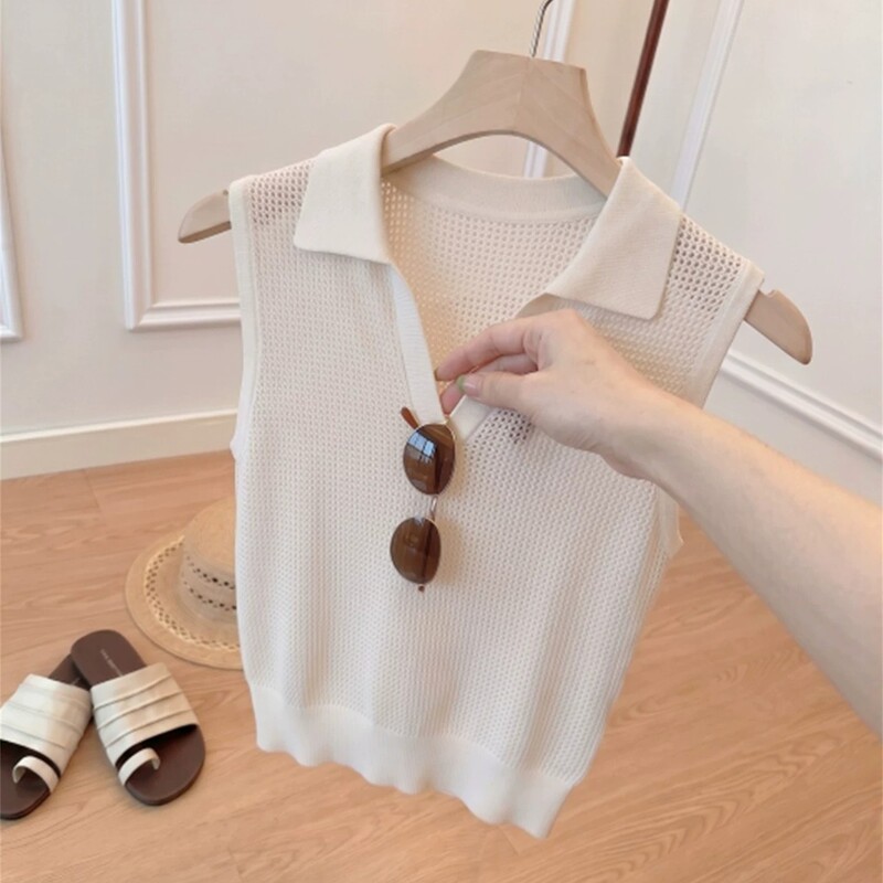 Old Money Style Khaki Polo Collar Hollow-Out Knit Vest for Women, Summer Casual Versatile Slim-Fit Sleeveless Top