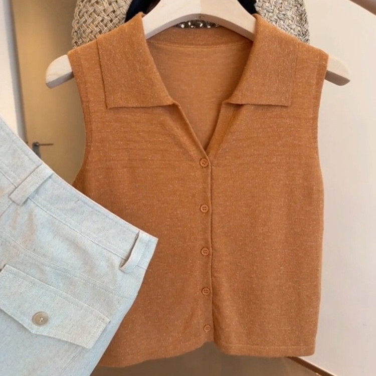 Orange Polo Collar Sleeveless Top for Women, Summer Outerwear, Ice Silk Knit Tank Top Orange Polo Collar Sleeveless Top for Women, Summer Outerwear, Ice Silk Knit Tank Top
