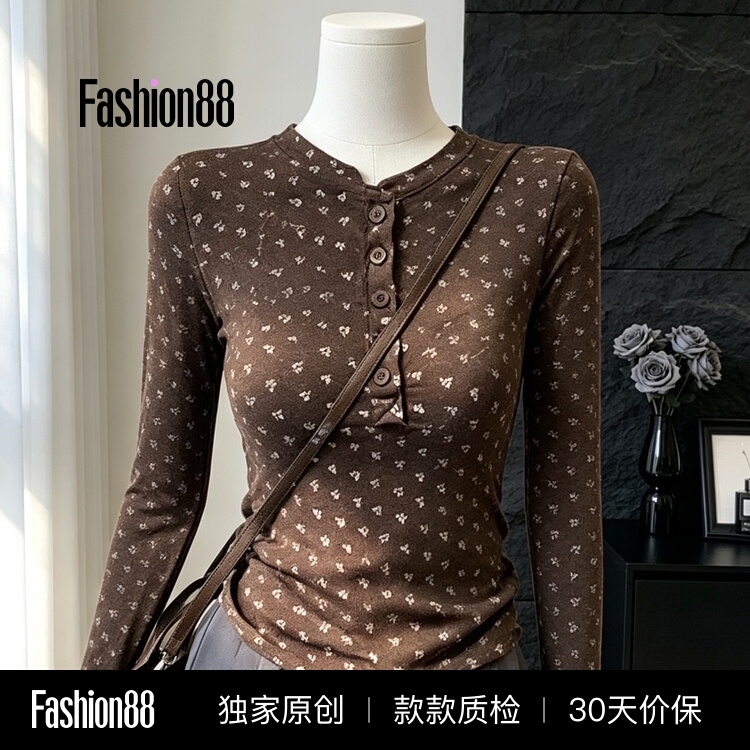 Korean-Style Retro Henry Collar Button Floral T-Shirt for Women, Autumn Slim-Fit Casual Versatile Pullover Base Shirt