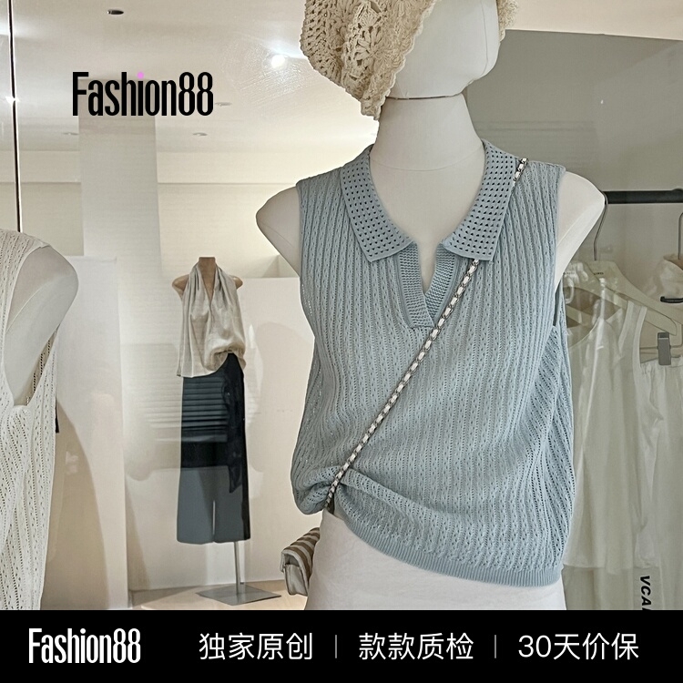 Polo Collar Knitted Hollow-Out Vest for Women, Summer Thin Style, Short Design, Korean Style, Vacation Style, Sleeveless Top for Outerwear Polo Collar Knitted Hollow-Out Vest for Women, Summer Thin Style, Short Design, Korean Style, Vacation Style, Sleeveless Top for Outerwear
