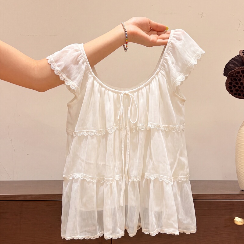 Korean-Style Sweet Lace Ruffle Sleeve Shirt for Women, 2026 Summer New Loose Fit, Slimming and Age-Reducing Trendy Top Korean-Style Sweet Lace Ruffle Sleeve Shirt for Women, 2026 Summer New Loose Fit, Slimming and Age-Reducing Trendy Top