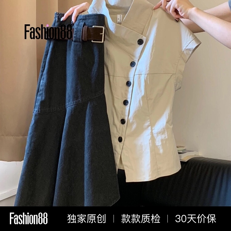 2026 Super Trendy Summer Outfit Set for Women: Casual Suit with Stand Collar, Waist-Cinching, Regular Shoulder Shirt, Denim Skirt, Two-Piece Pants Set 2026 Super Trendy Summer Outfit Set for Women: Casual Suit with Stand Collar, Waist-Cinching, Regular Shoulder Shirt, Denim Skirt, Two-Piece Pants Set