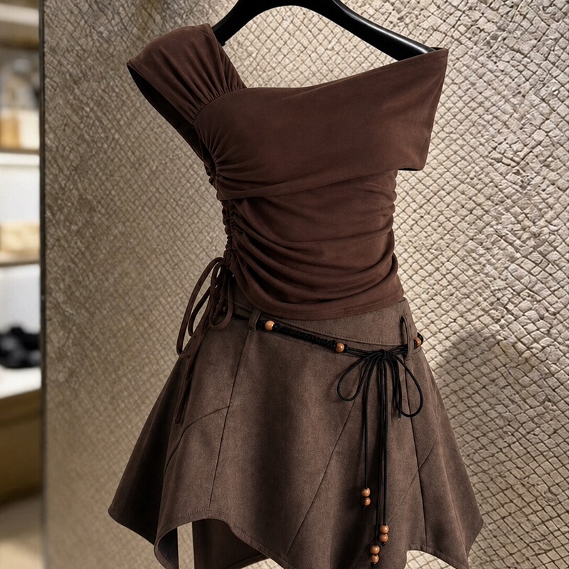Wasteland Style Spicy Girl Dress for Women, Summer 2026 New Model, Maillard Coffee Color Tie-Waist Short Dress, Elegant Outfit