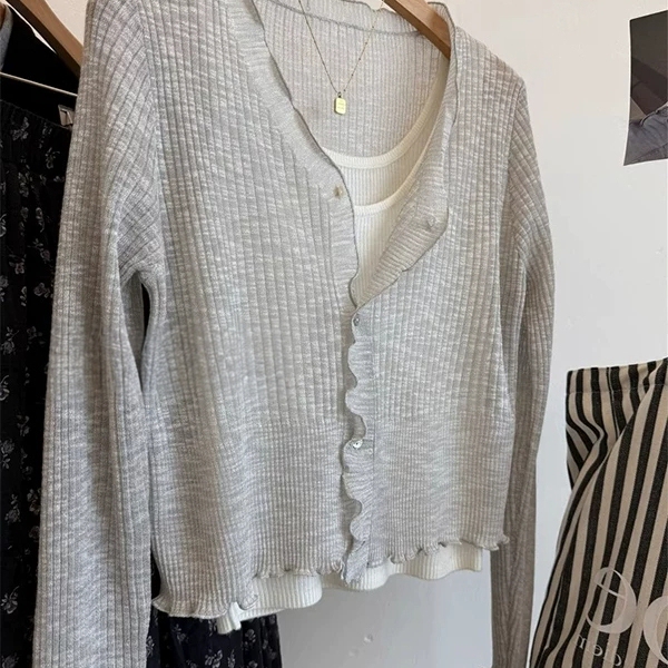 Summer Thin V-Neck Ruffled Ice Silk Knit Long-Sleeve Sun Protection Cardigan Regular Style Women's Shawl Outerwear Dress Summer Thin V-Neck Ruffled Ice Silk Knit Long-Sleeve Sun Protection Cardigan Regular Style Women's Shawl Outerwear Dress