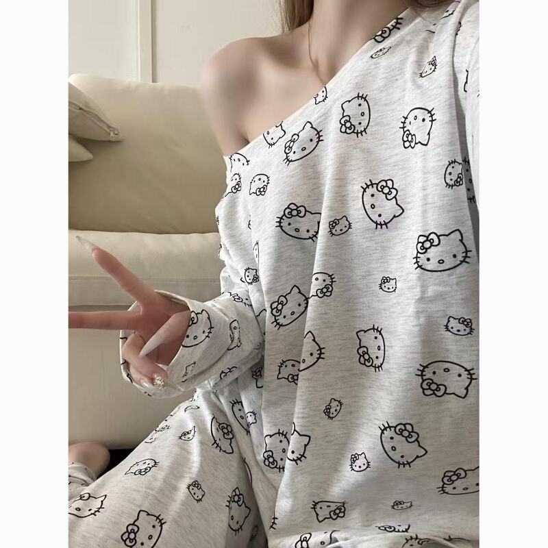 Japanese-Style Cute Kitty Pajamas for Women, Spring and Autumn Korean-Style Pure Desire Off-Shoulder Long-Sleeve Long-Pants Loungewear Set for Going Out