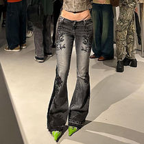 Retro plant print washed slim fit bell bottoms for women American low waist slim hot girl jeans trendy