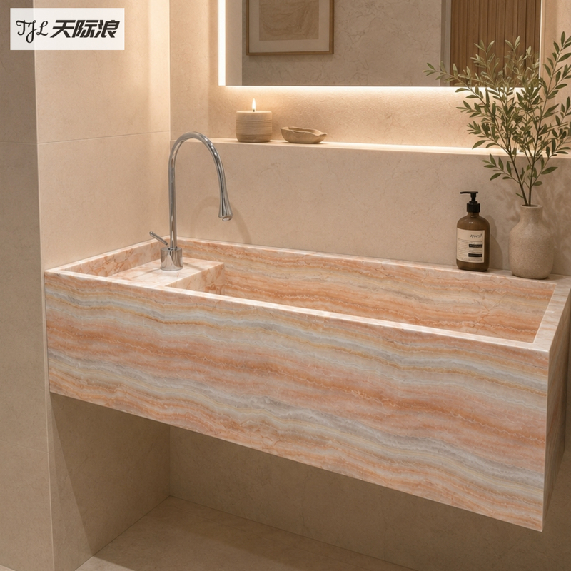 Straight-Grained Pink Jade Rock Slab Integrated Washbasin Hotel Guesthouse Bathroom Cabinet Washbasin Under-Counter Basin