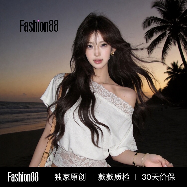 Lace Soft White Pure Desire Style Lace Splicing One-Shoulder Waist-Cinching Short-Sleeve T-Shirt Top for Women, New Summer Fashion Trendy Women's Clothing