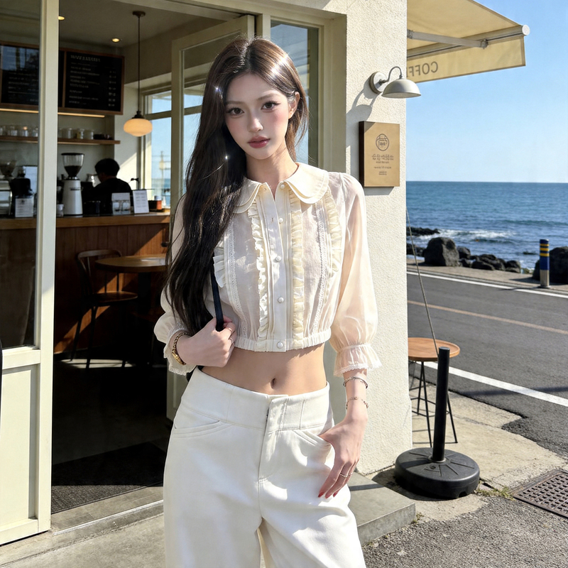 Lace Sweet Shirt, Summer Sweet Short Babydoll Shirt, Lace-Trimmed Blouse, Beautiful Top for Women, Perfect for Photos