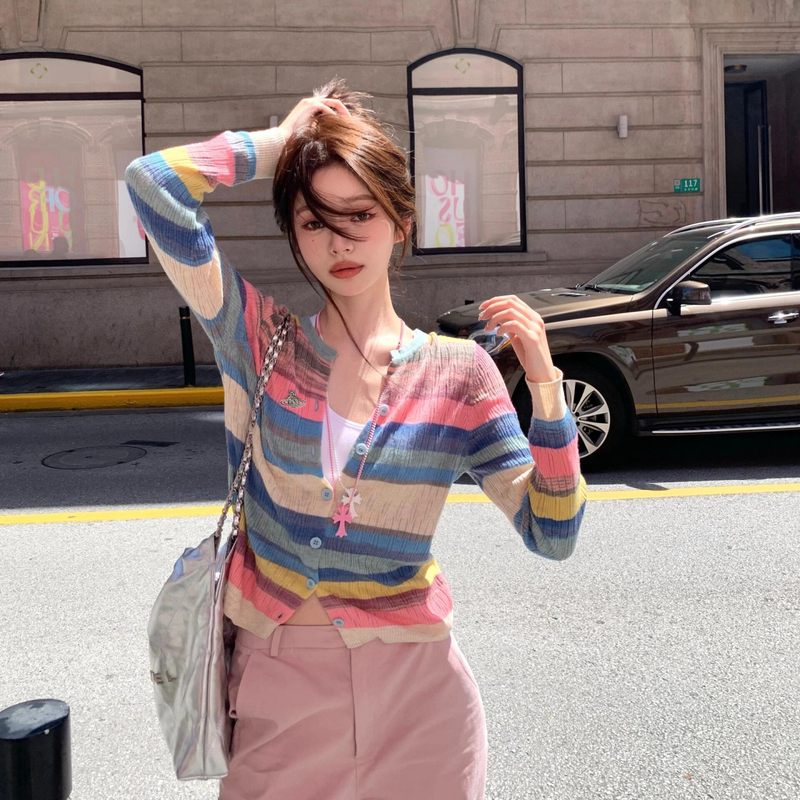＞Limited Edition＜New Saturn Rainbow Color-Block Striped Knitted Cardigan Dopamine Korean Style Jacket Super Comfortable