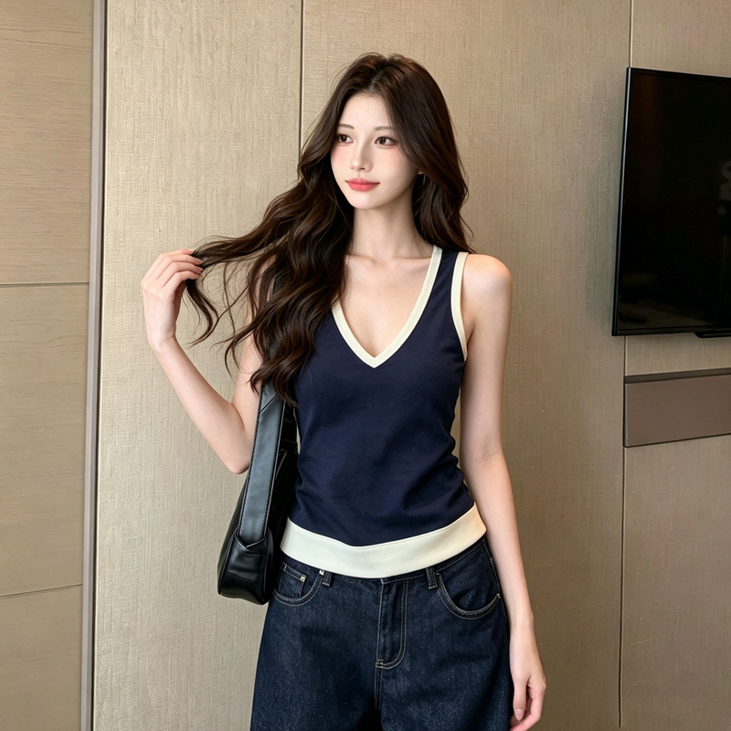 Retro Design Color-Block V-Neck Top for Women, New Summer Style, Slim Fit, Stylish Outerwear, Beautiful Versatile Sleeveless Tank Top