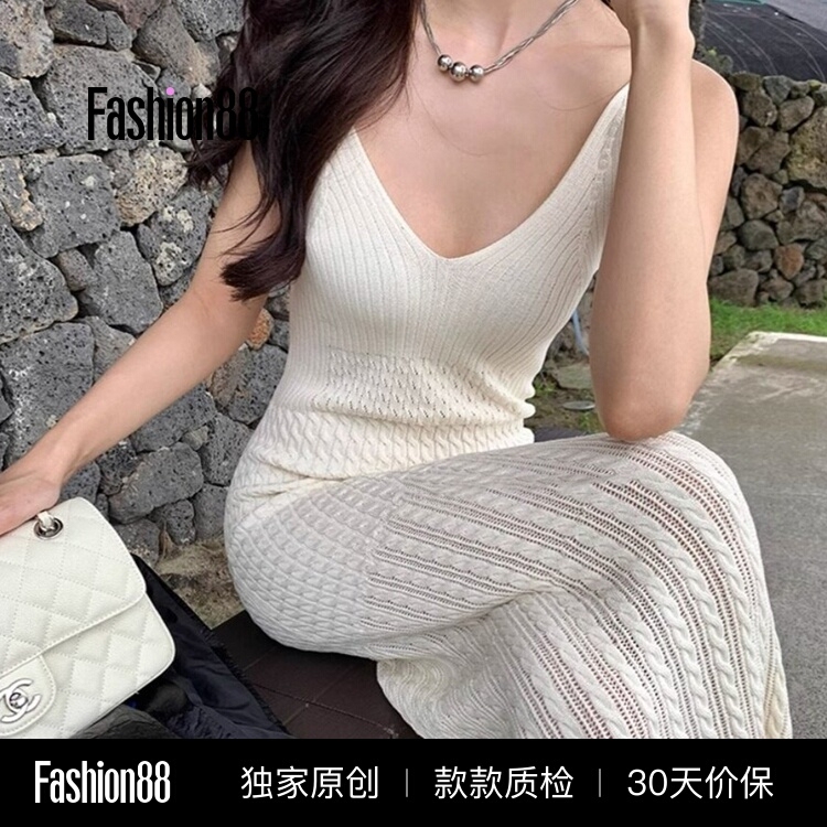 Elegant and Sophisticated Knitted Dress with Spaghetti Straps, Long Skirt for Women, Slim Fit, Slimming, Crochet Hollow-Out Bodycon Tank Dress